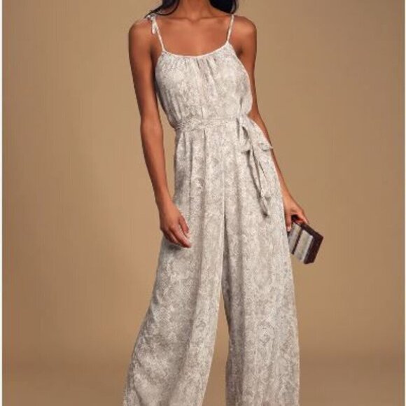 Lulus Jumpsuit Size M Dare to Dream Grey Snake Print Tie-Strap Wide-Leg - Picture 1 of 5